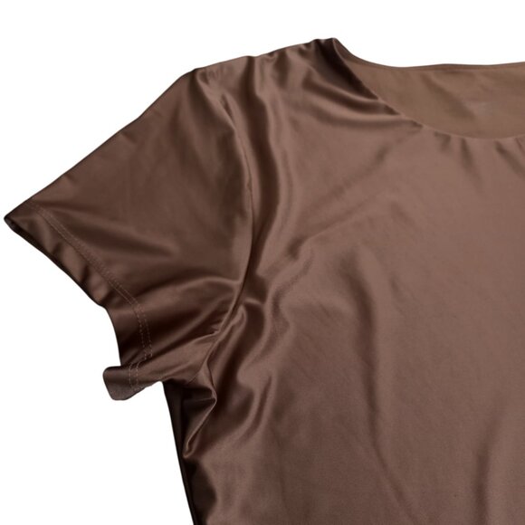 Tahari Brown Women's Top - Short Sleeve Satin Blouse, Size M (US 10) - Picture 3 of 7
